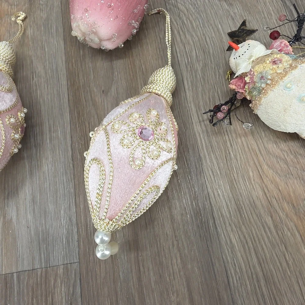 Vintage Pink Velvet Drop Snowman & Beaded Apple Christmas Ornaments Set of 4